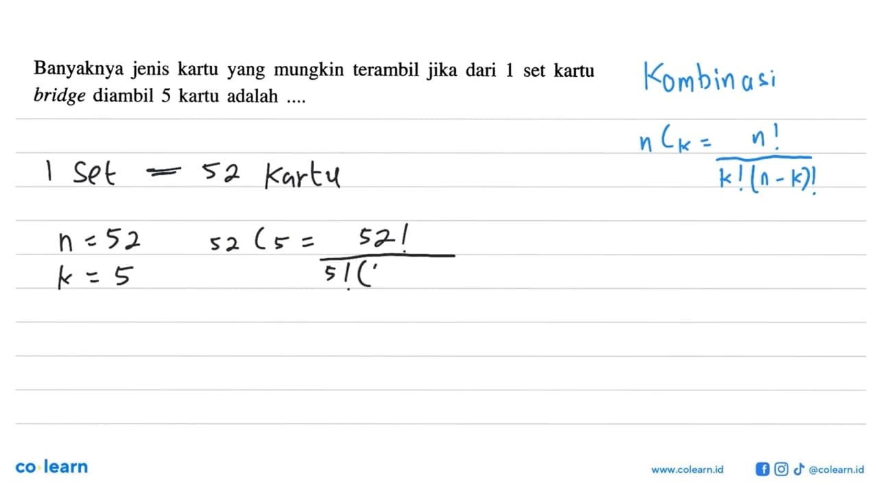 Banyaknya jenis kartu yang mungkin terambil jika dari 1 set