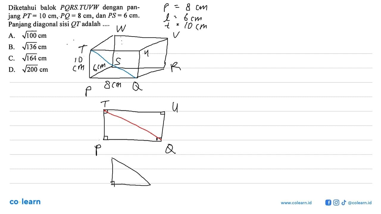 Diketahui balok PQRS.TUVW dengan panjang PT=10 cm, PQ=8 cm,