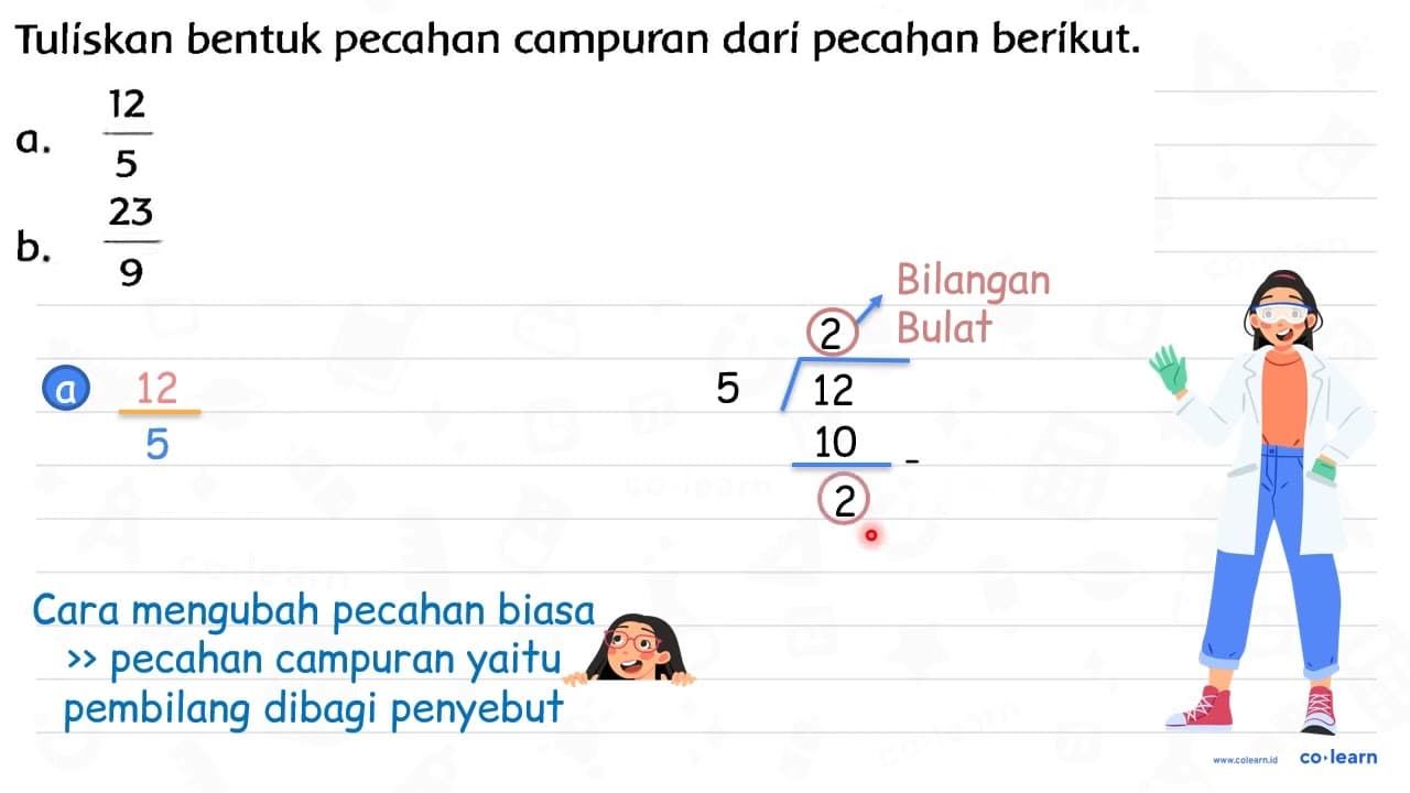 Tuliskan bentuk pecahan campuran dari pecahan berikut. a.