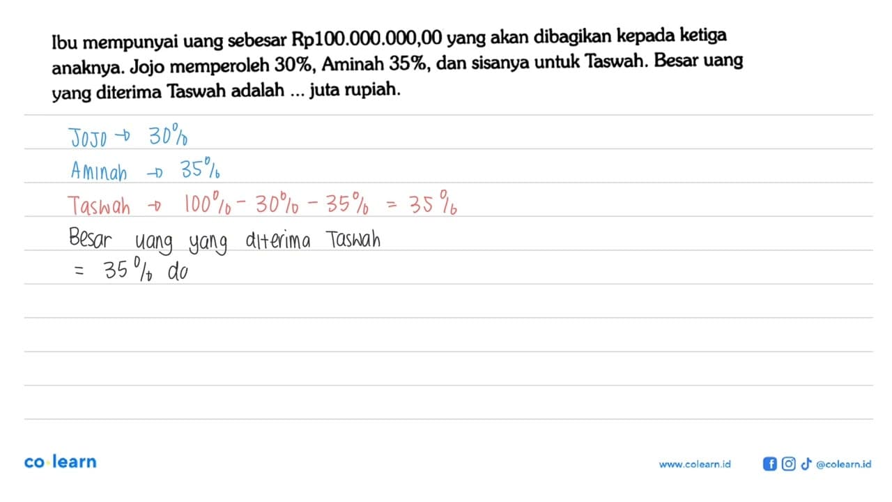 Ibu mempunyai uang sebesar Rp100.000.000,00 yang akan