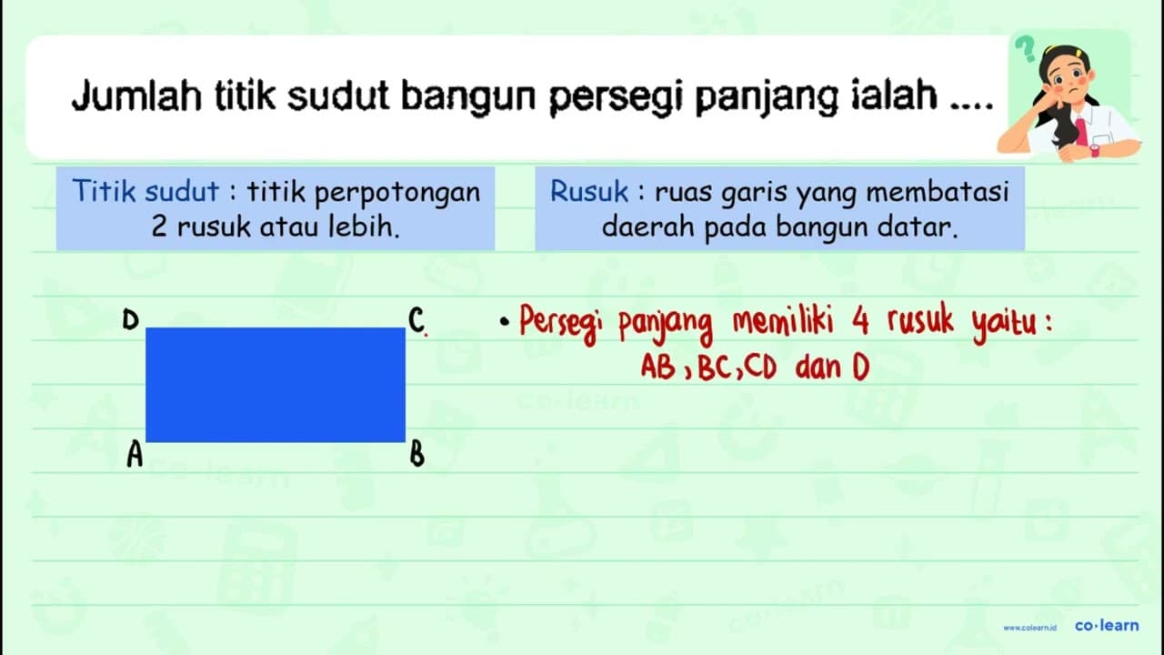 Jumlah titik sudut bangun persegi panjang ialah