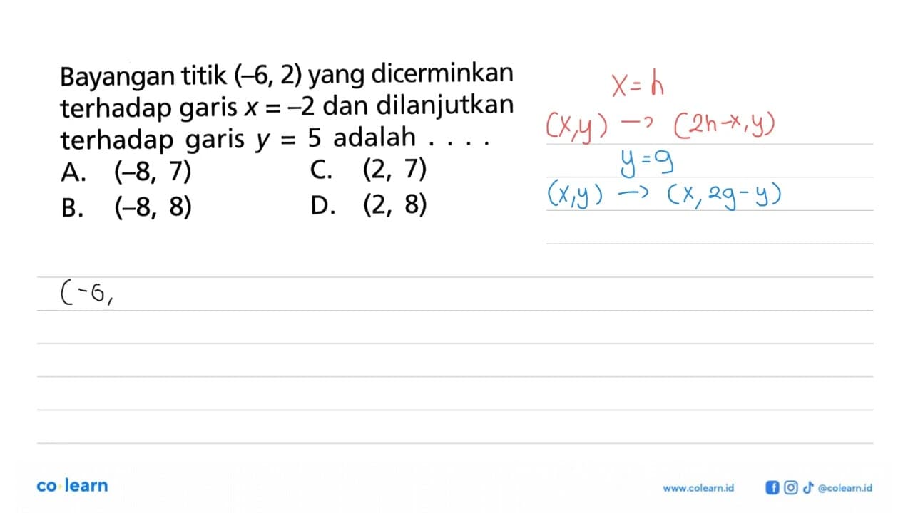 Bayangan titik (-6, 2) yang dicerminkan terhadap garis x=-2