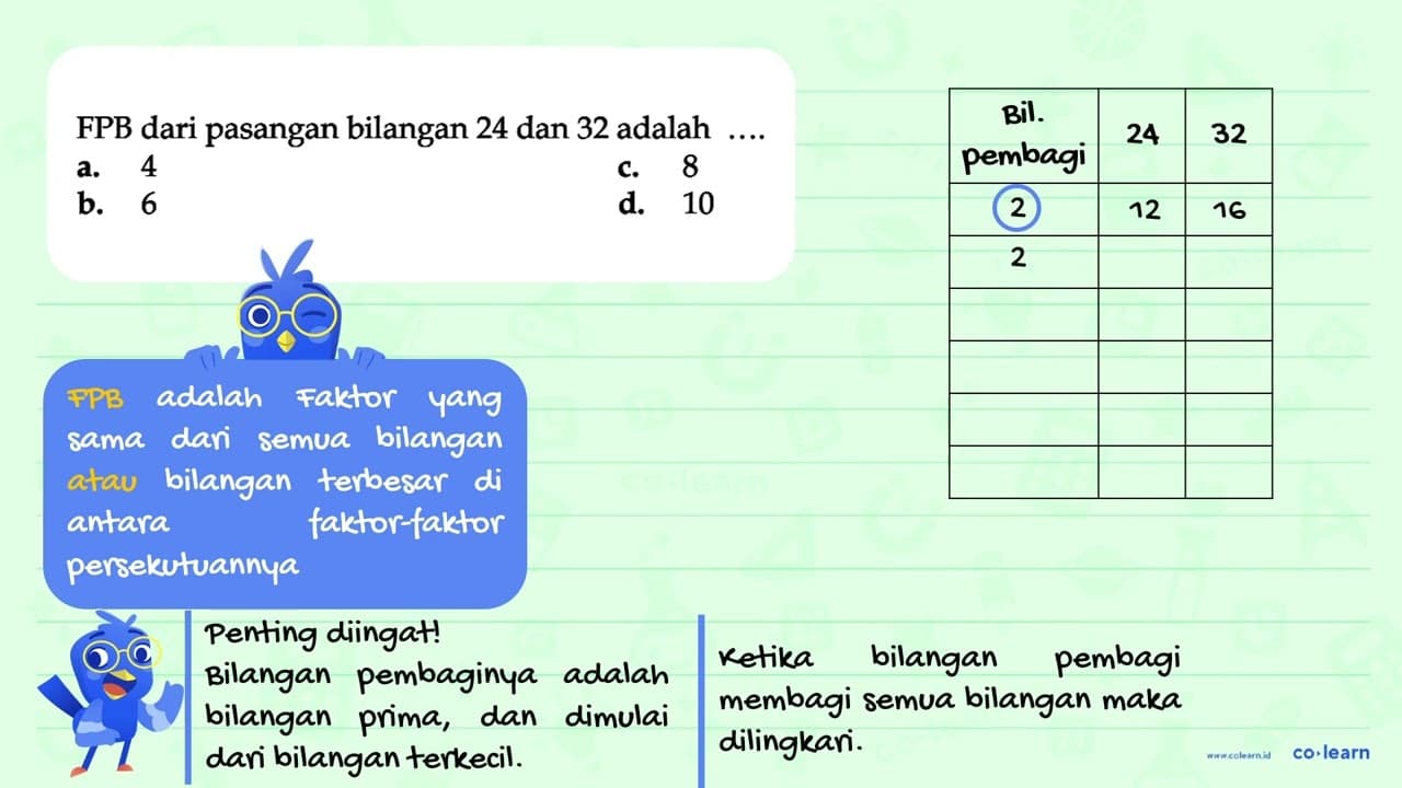 FPB dari pasangan bilangan 24 dan 32 adalah ...