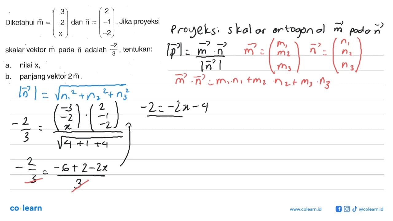 Diketahui m=(-3 -2 x) dan n=(2 -1 -2). Jika proyeksi skalar