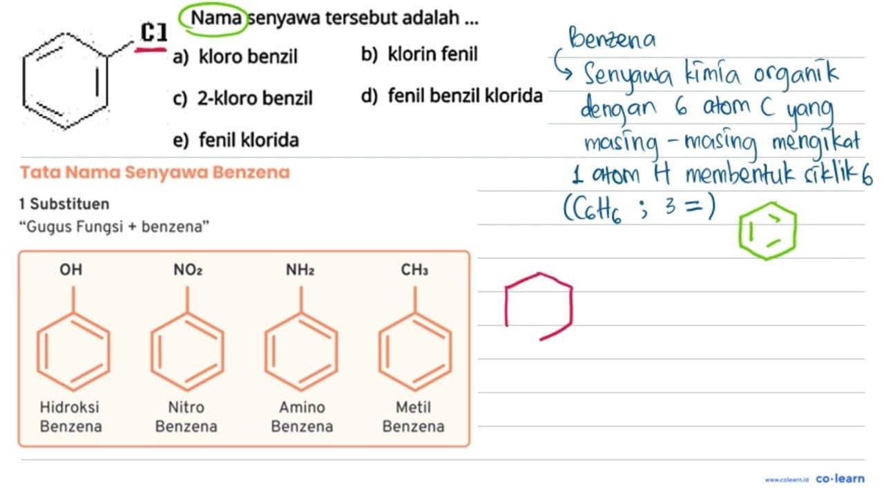 Nama senyawa tersebut adalah ... Cl a) kloro benzil b)