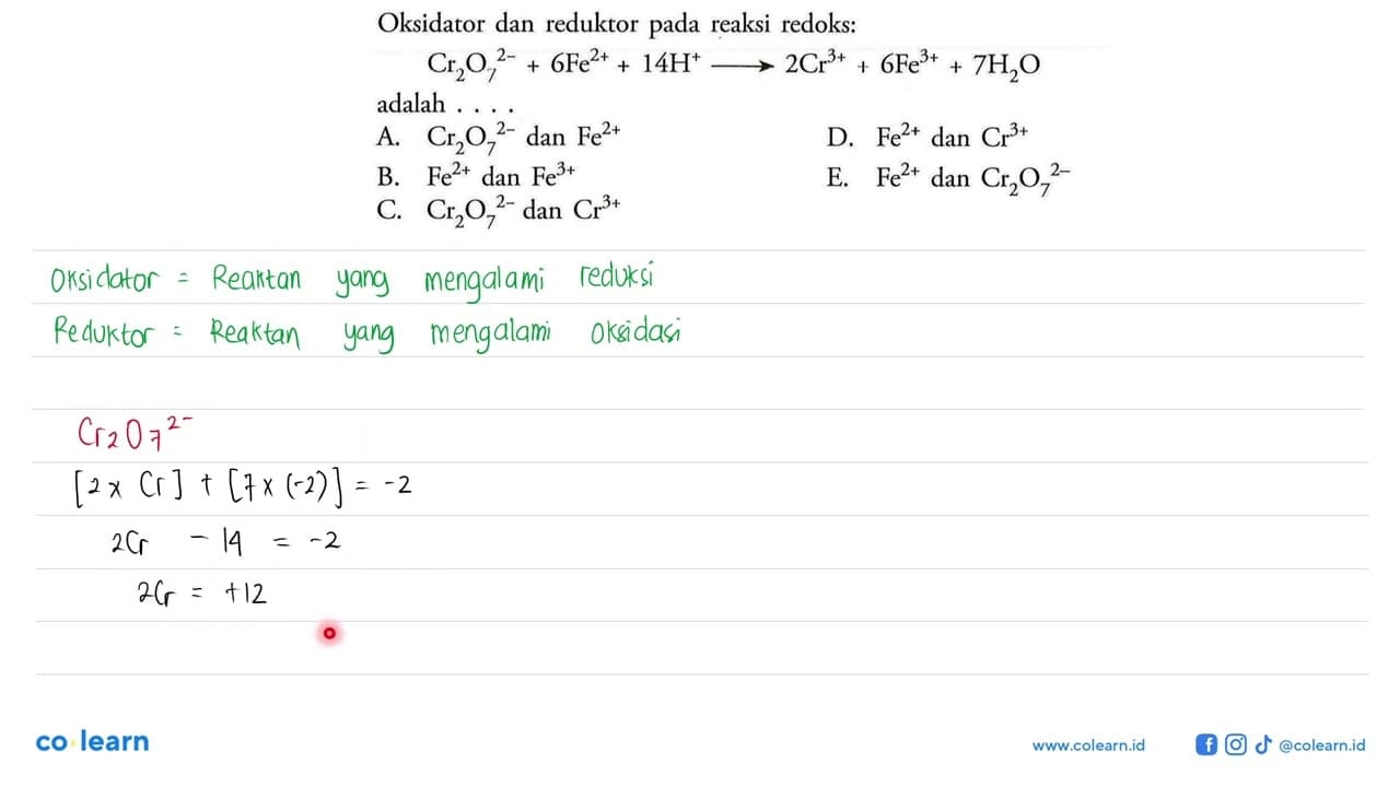 Oksidator dan reduktor pada reaksi redoks:Cr2O7^(2-)+6