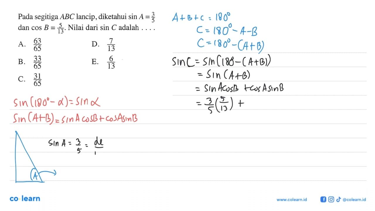 Pada segitiga ABC lancip, diketahui sin A=3/5 dan cos