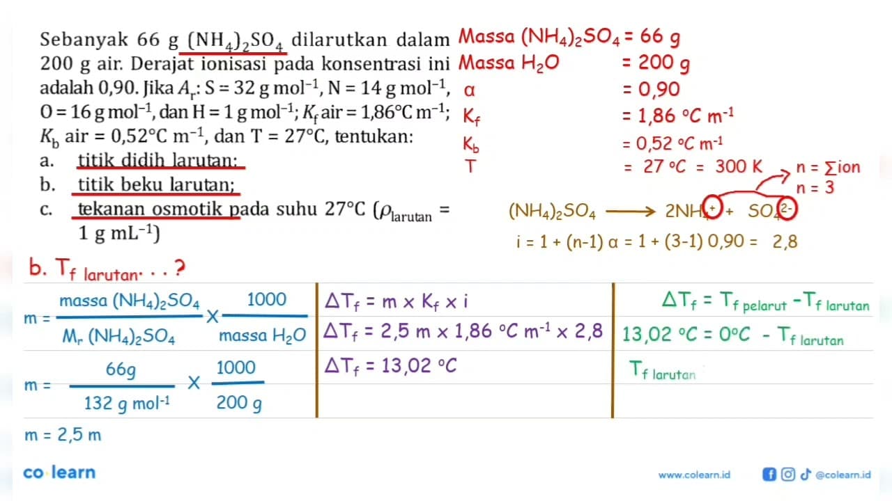 Sebanyak 66 g(NH4)2SO4 dilarutkan dalam 200 g air. Derajat