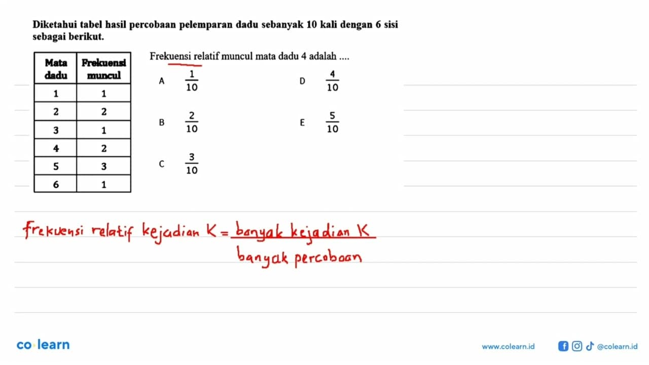 Diketahui tabel hasil percobaan pelemparan dadu sebanyak 10