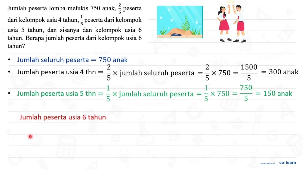 Jumlah peserta lomba melukis 750 anak, (2)/(5) peserta dari