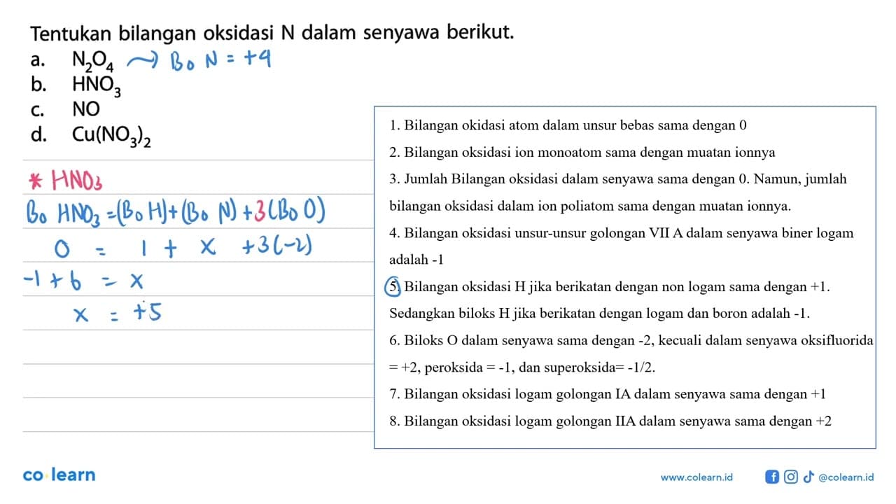 Tentukan bilangan oksidasi N dalam senyawa berikut. a. N2O4