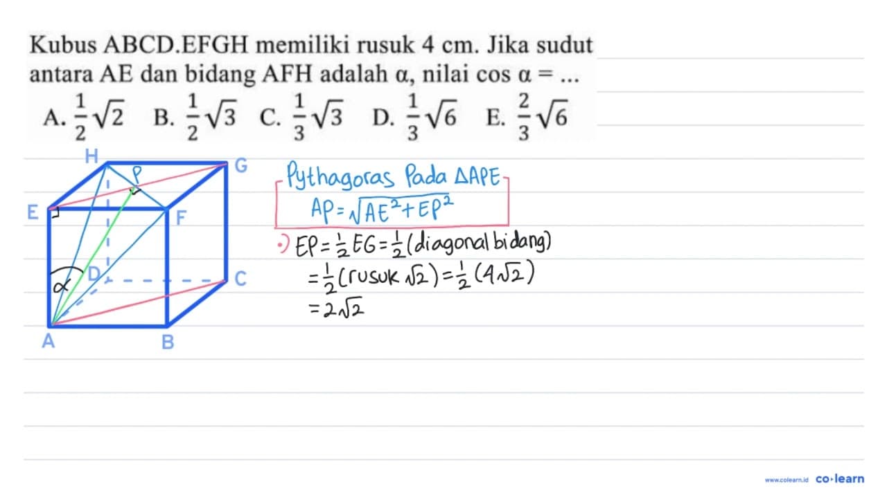 Kubus ABCD.EFGH memiliki rusuk 4 cm . Jika sudut antara AE