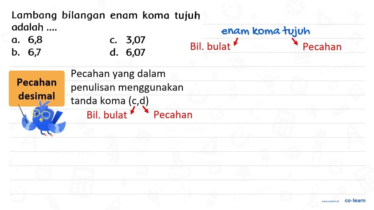 Lambang bilangan enam koma tujuh adalah .... a. 6,8 C. 3,07