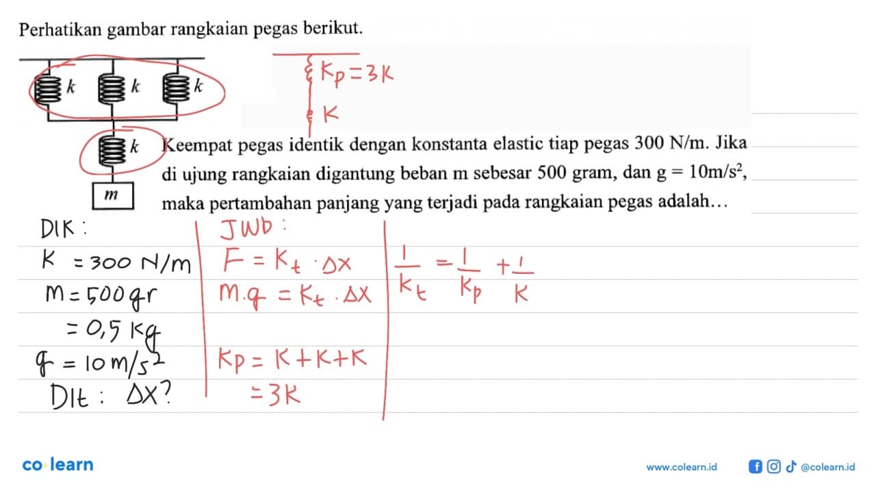 Perhatikan gambar rangkaian pegas berikut. k k k k m