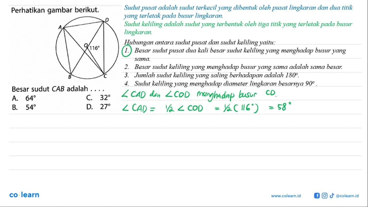 Perhatikan gambar berikut. D A O sudut DOC=116 B C Besar