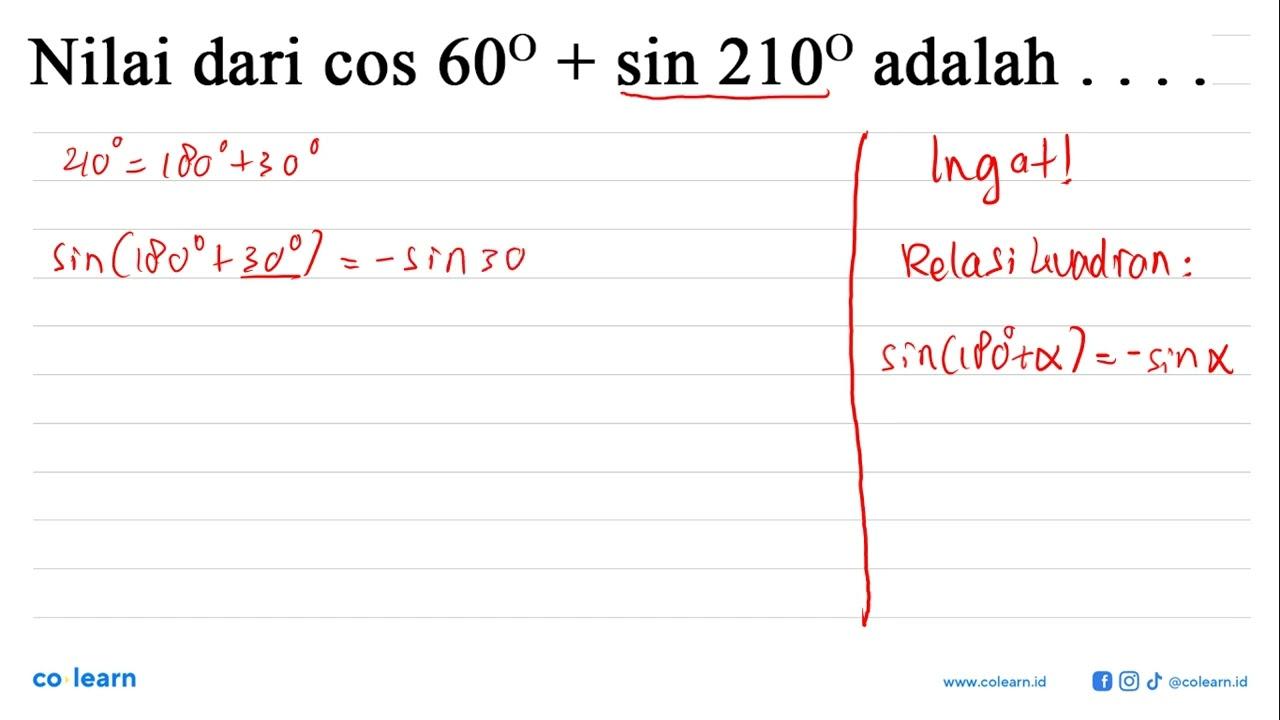 Nilai dari cos 60+sin 210 adalah ....