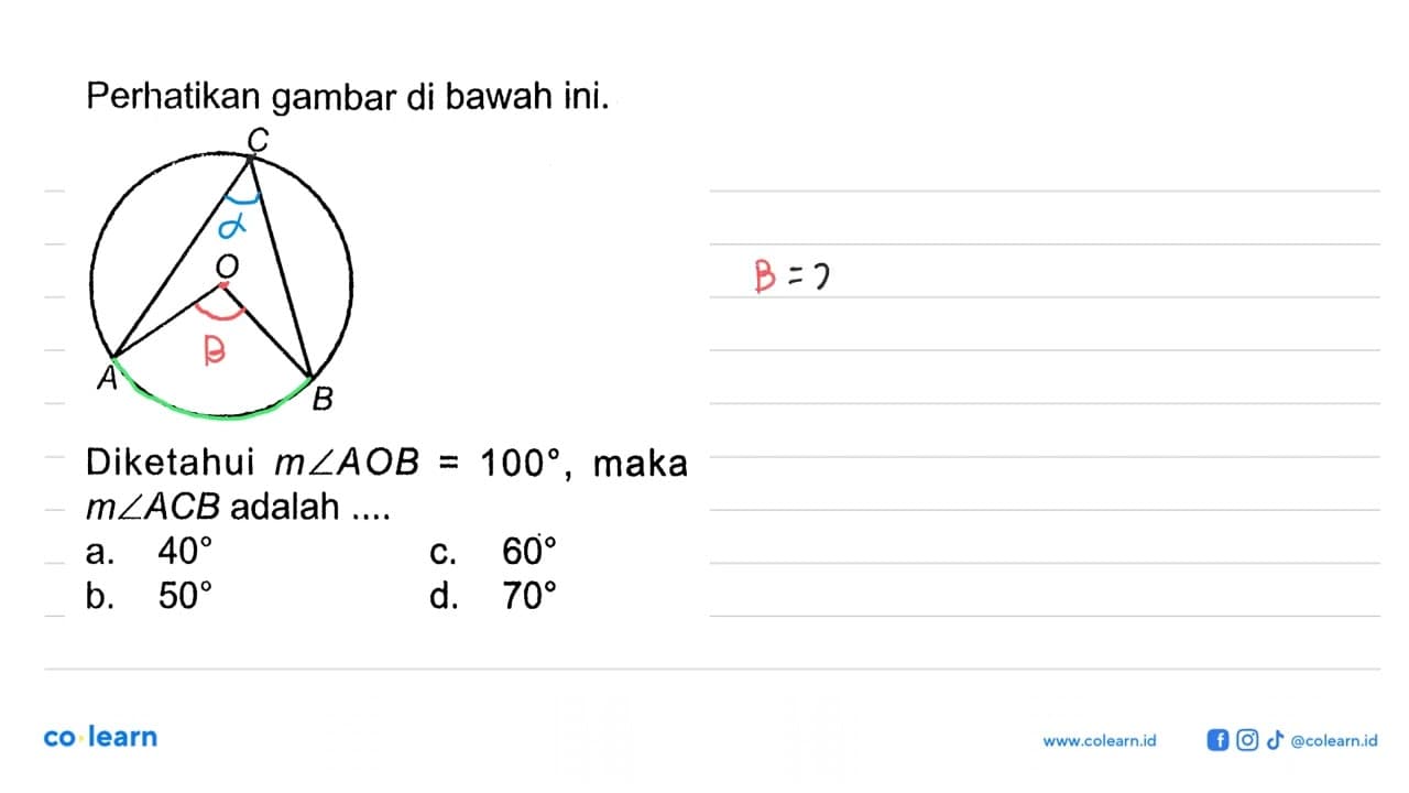 Perhatikan gambar di bawahini.Diketahui m sudut AOB=100 ,