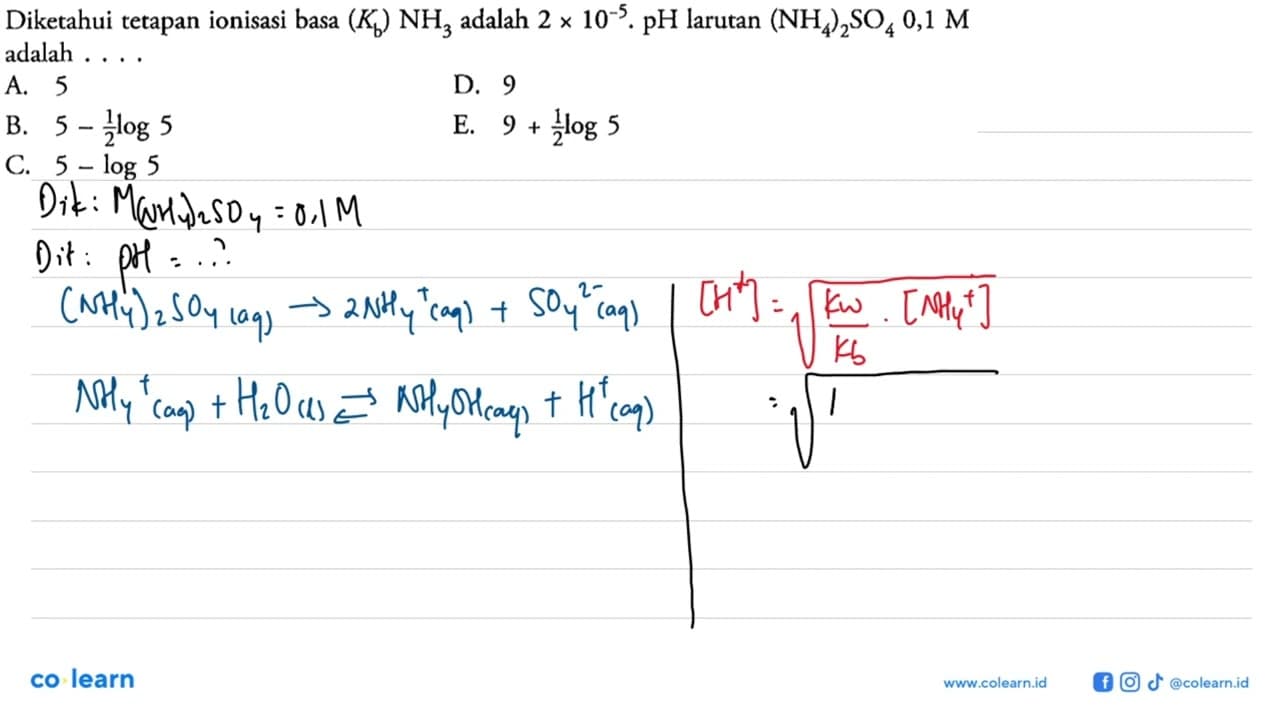 Diketahui tetapan ionisasi basa (Kb)NH3 adalah 2 x 10^-5.