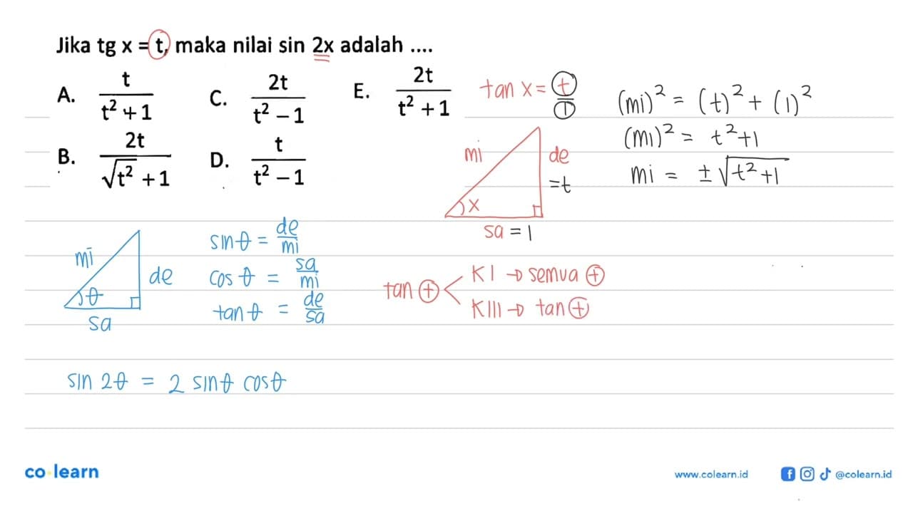 Jika tg x=t, maka nilai sin 2x adalah ....