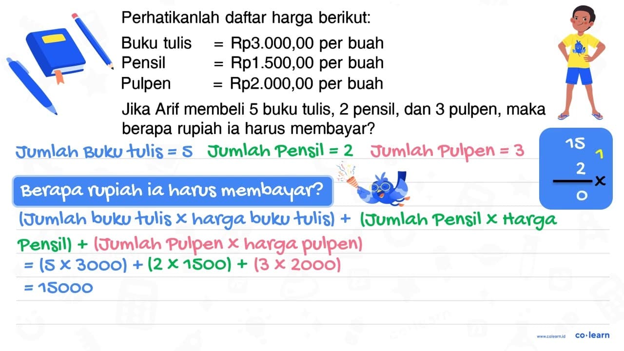 Perhatikanlah daftar harga berikut: Buku tulis = Rp3.000,00