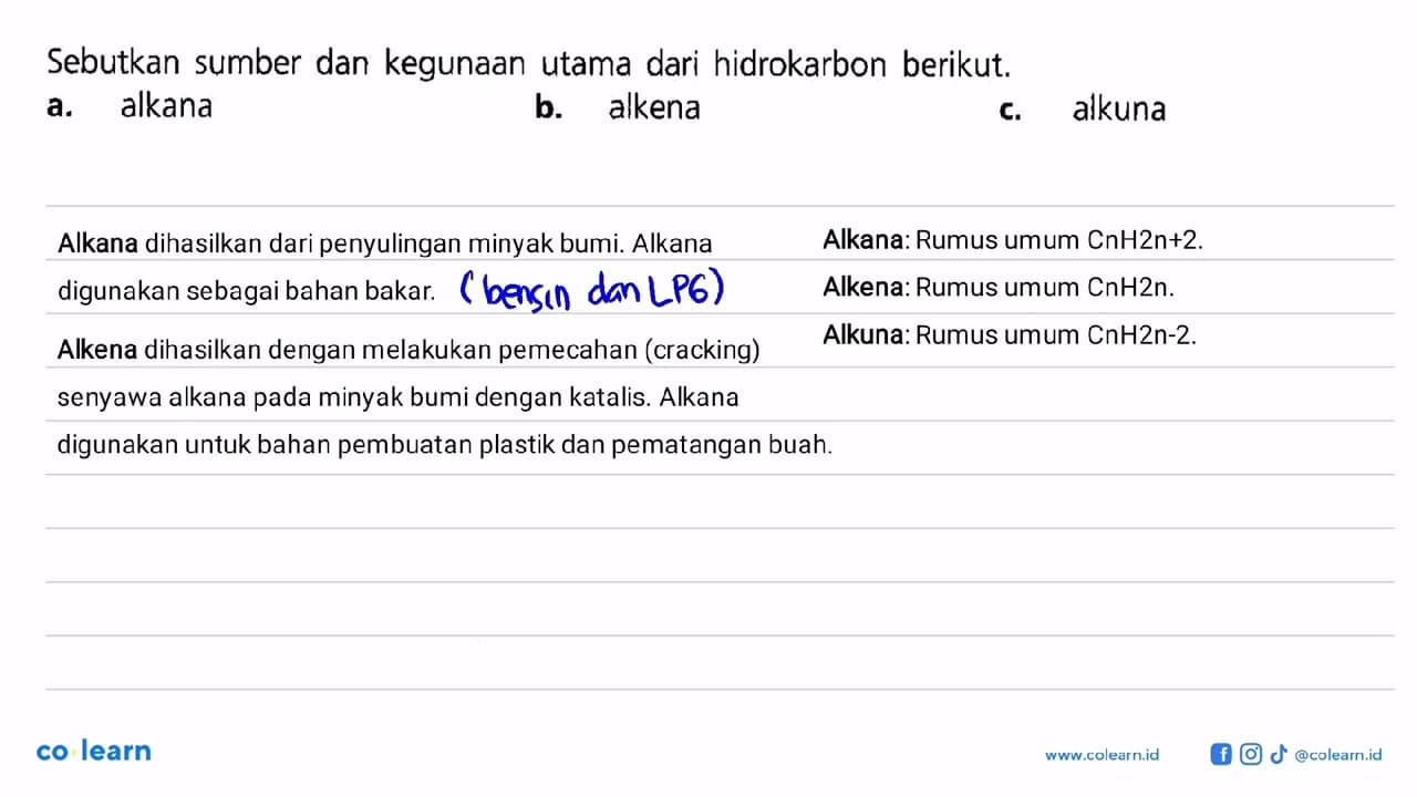 Sebutkan sumber dan kegunaan utama dari hidrokarbon