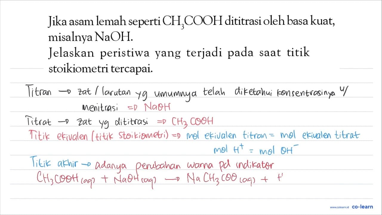 Jika asam lemah seperti CH_(3) COOH dititrasi oleh basa