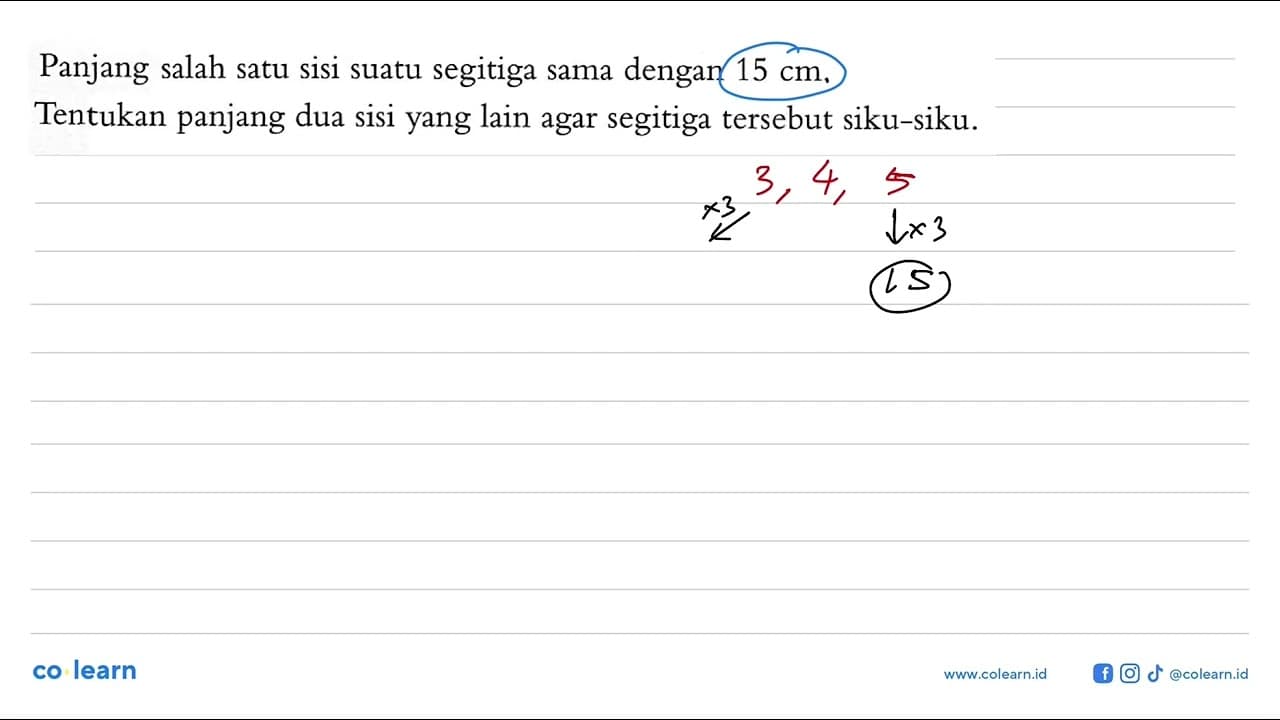 Panjang salah satu sisi suatu segitiga sama dengan 15 cm.