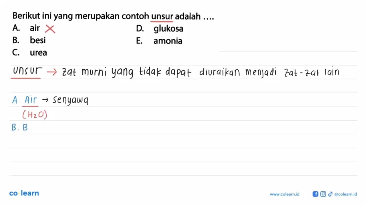 Berikut ini yang merupakan contoh unsur adalah...