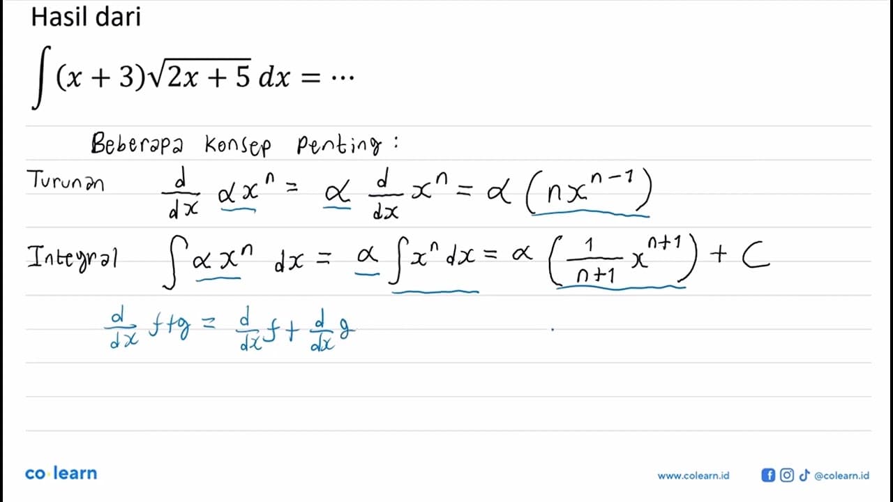 Hasil dariintegral (x+3) akar(2) x+5 dx=...