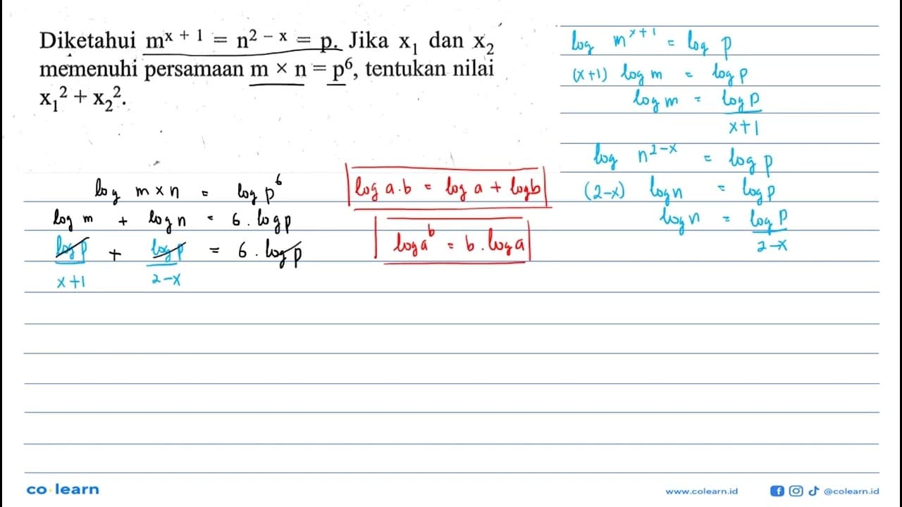 Diketahui m^(x+1)=n^(2-x)=p. Jika x1 dan x2 memenuhi