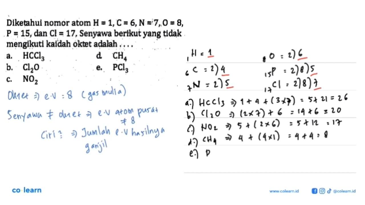 Diketahui nomor atom H=1, C=6, N=7, O=8, kg=15, dan Cl=17,