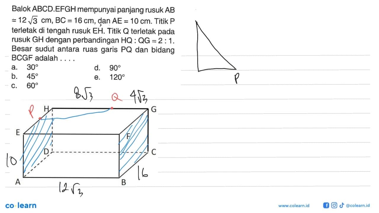 Balok ABCD.EFGH mempunyai panjang rusuk AB=12 akar(3) cm,