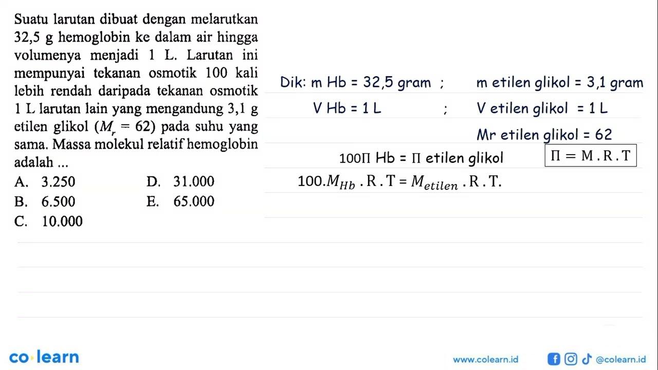 Suatu larutan dibuat dengan melarutkan 32,5 g hemoglobin ke