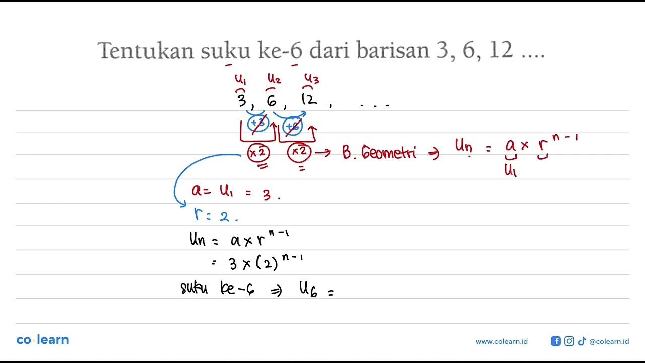 Tentukan suku ke-6 dari barisan 3, 6, 12, ...