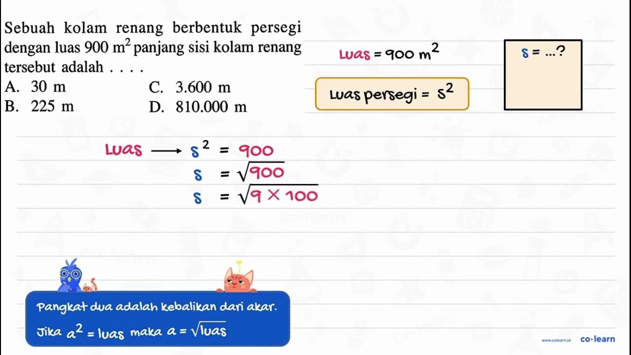 Sebuah kolam renang berbentuk persegi dengan luas 900 m^2