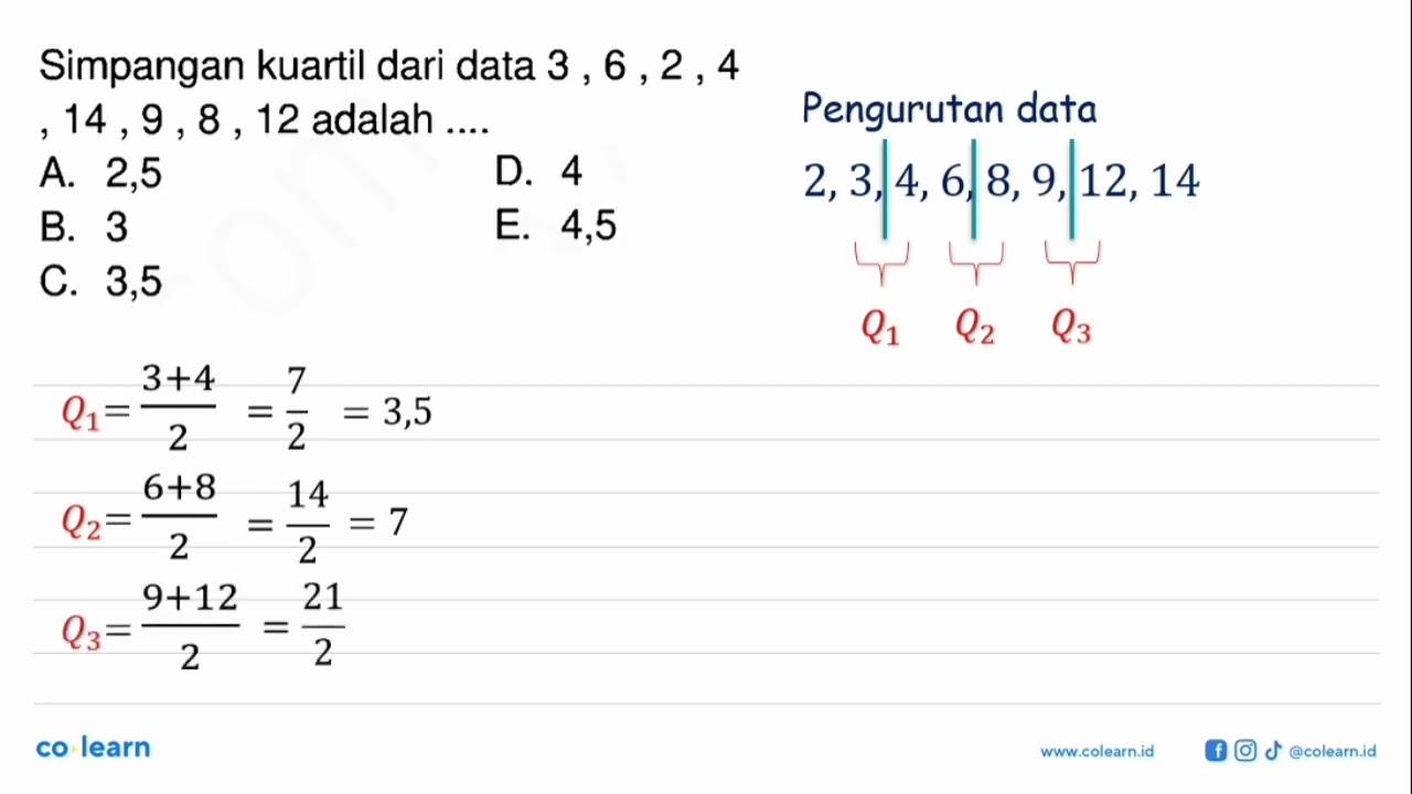 Simpangan kuartil dari data 3,6,2,4,14,9,8,12 adalah....