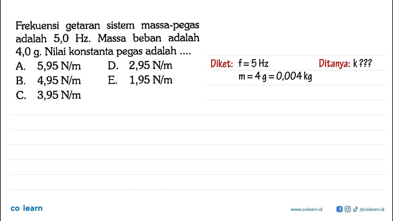 Frekuensi getaran sistem massa-pegas adalah 5,0 Hz. Massa