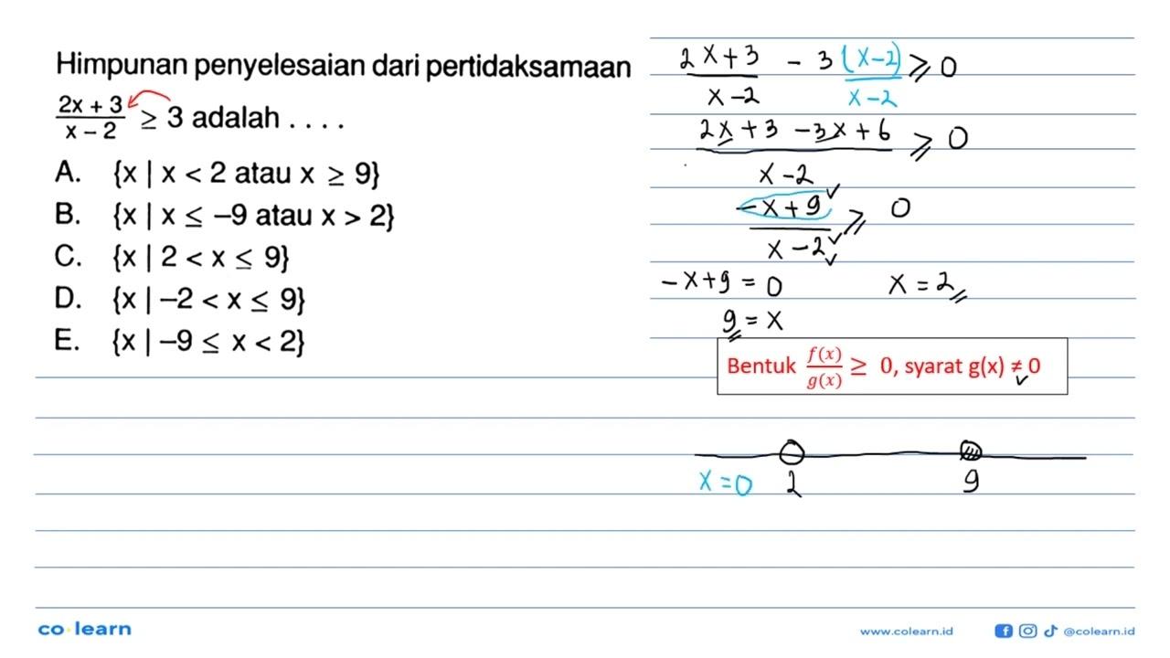 Himpunan penyelesaian dari pertidaksamaan (2x + 3)/(x - 2)