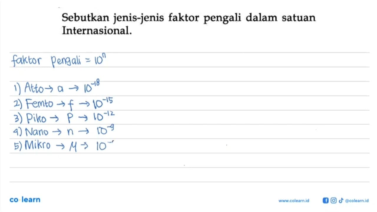 Sebutkan jenis-jenis faktor pengali dalam satuan