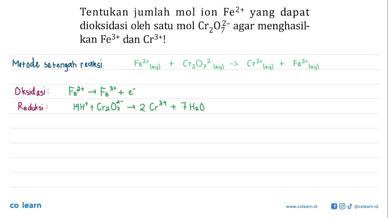 Tentukan jumlah mol ion Fe^(2+) yang dapat dioksidasi oleh