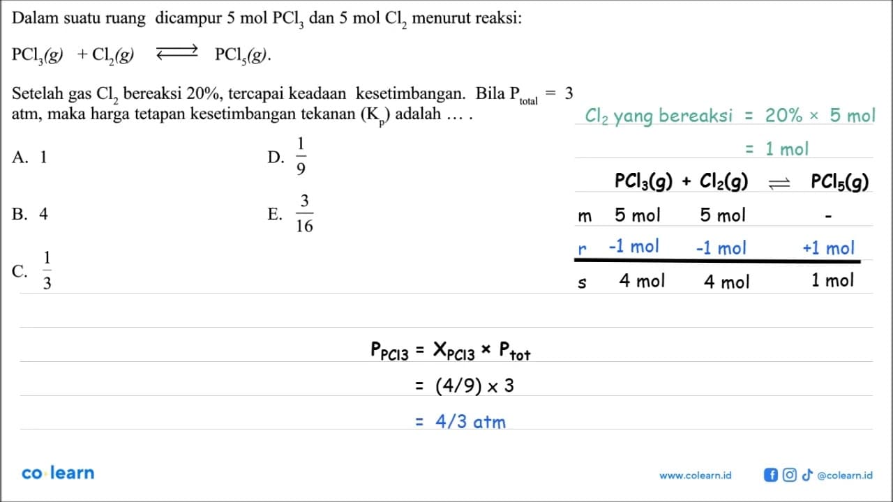 Dalam suatu ruang dicampur 5 mol PCl3 dan 5 mol Cl2 menurut