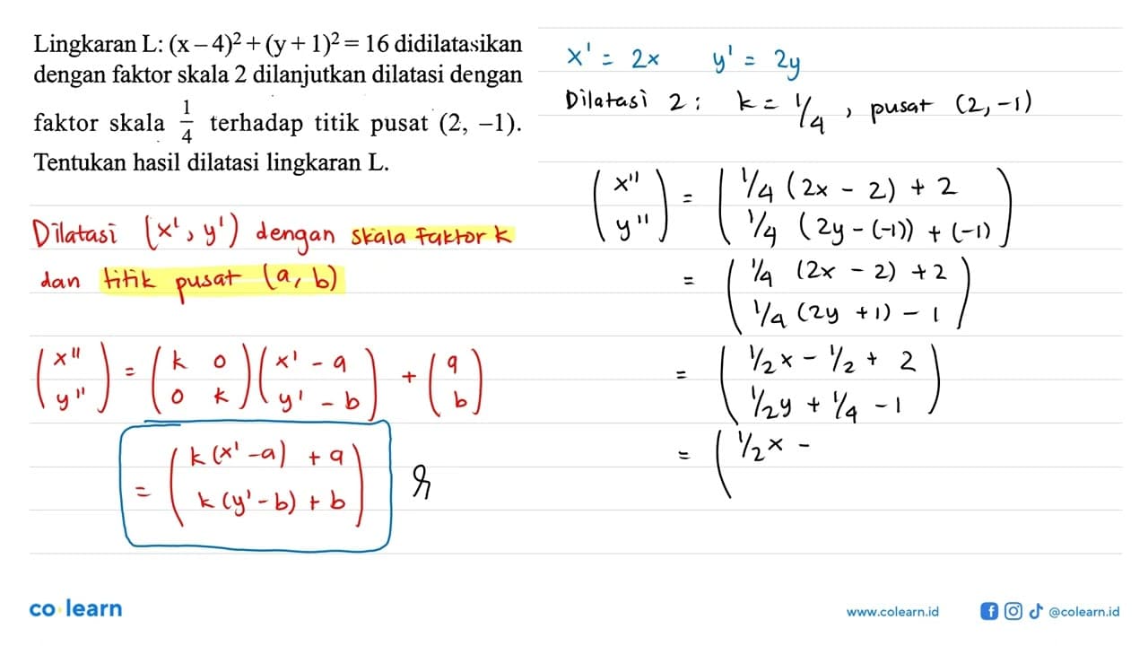 Lingkaran L: (x-4)^2+(y+1)^2 = 16 didilatasikan dengan