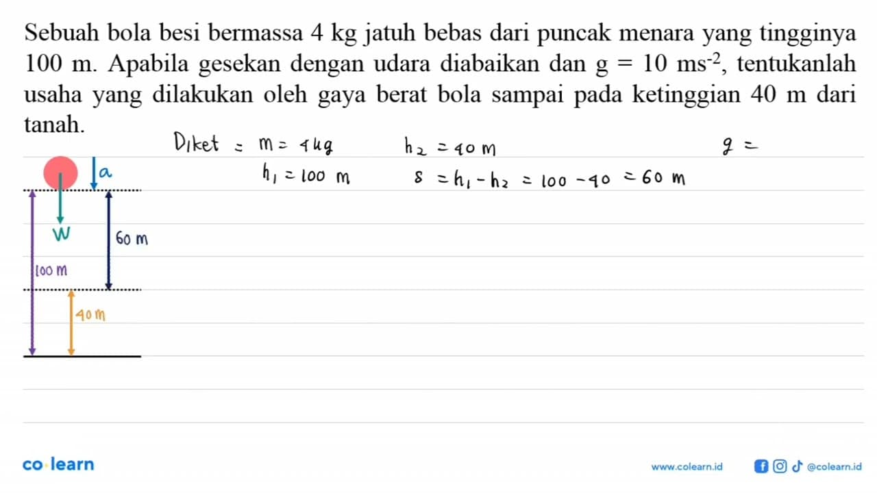 Sebuah bola besi bermassa 4 kg jatuh bebas dari puncak