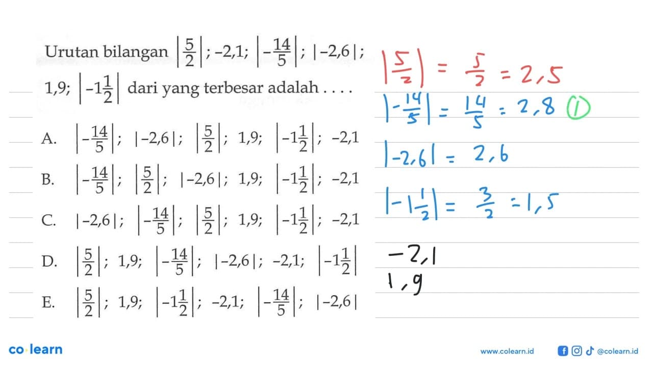 Urutan bilangan |5/2|; -2,1; |-14/5|; |-2,6|; 1,9; |-1 1/2|