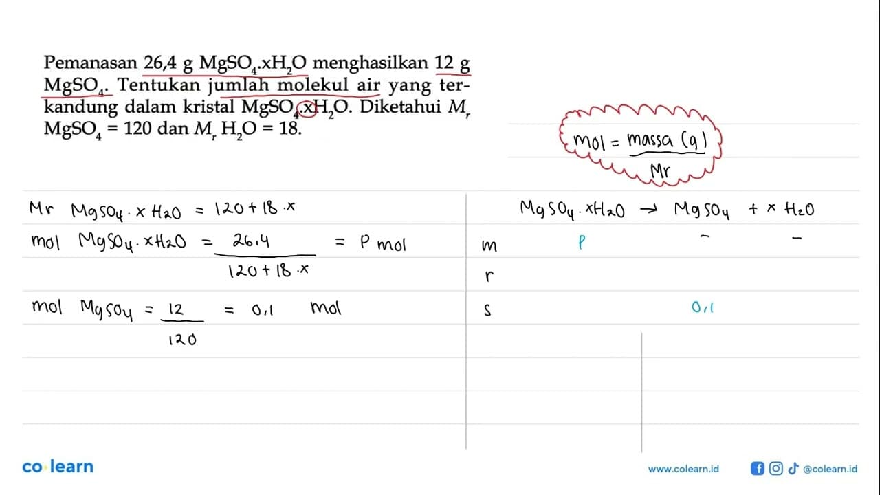 Pemanasan 26,4 g MgSO4 x H2O menghasilkan 12 g MgSO4 .