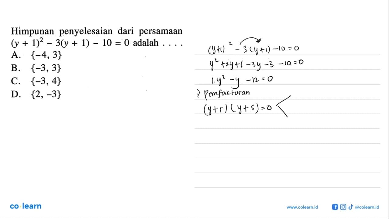 Himpunan penyelesaian dari persamaan (y + 1)^2 - 3(y + 1) -