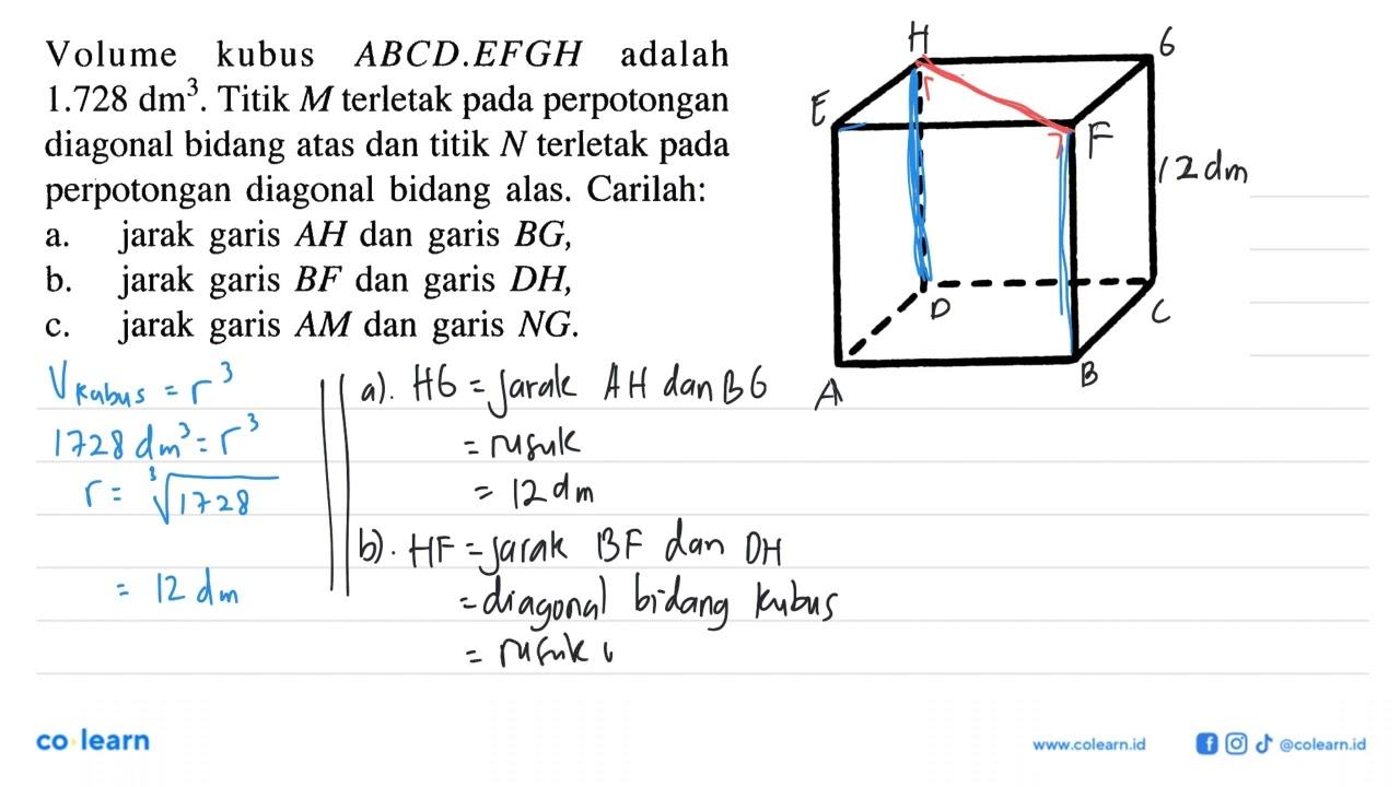 Volume kubus ABCD.EFGH adalah 1.728 dm^3. Titik M terletak