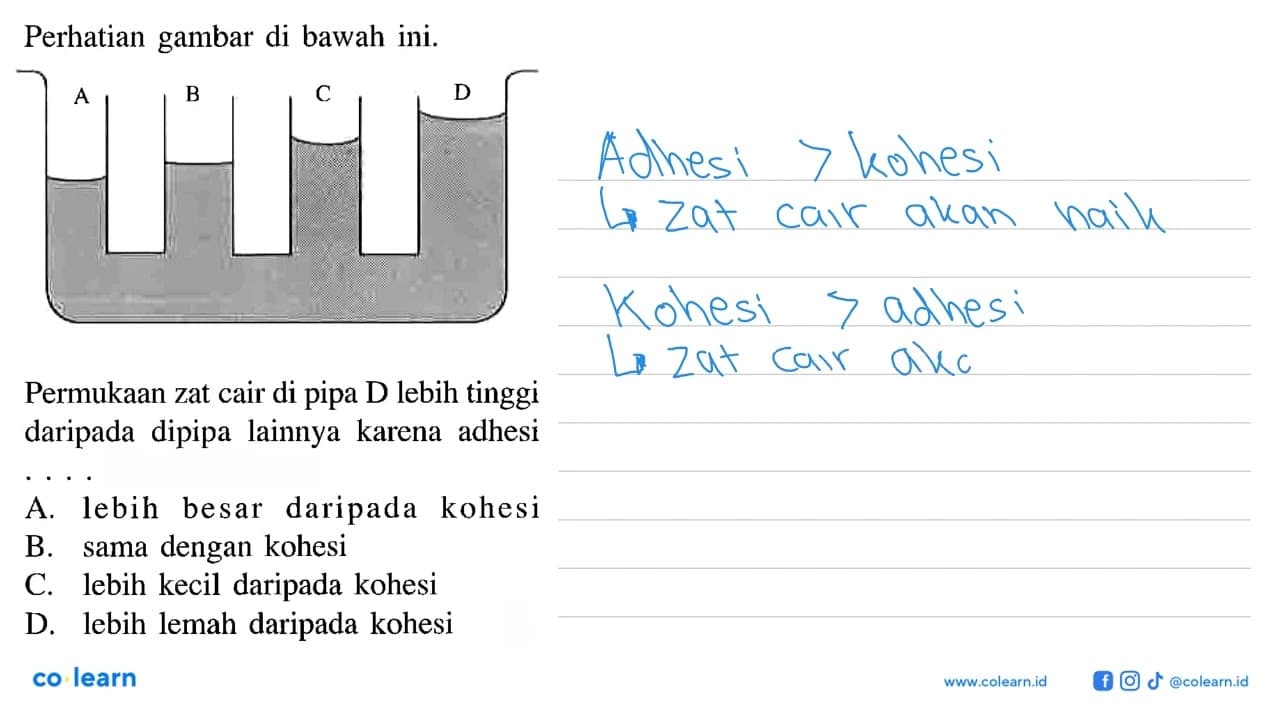 Perhatian gambar di bawah ini. A B C D Permukaan zat cair