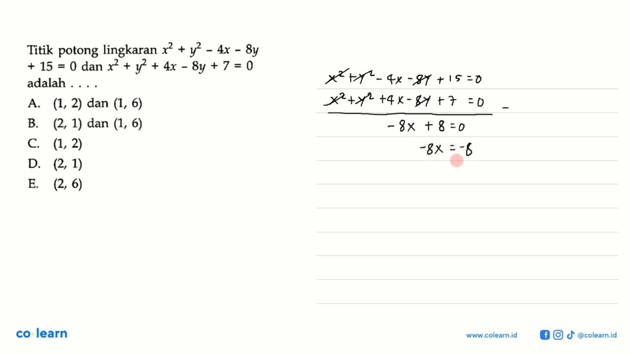 Titik potong lingkaran x^2+y^2-4x-8y+15=0 dan