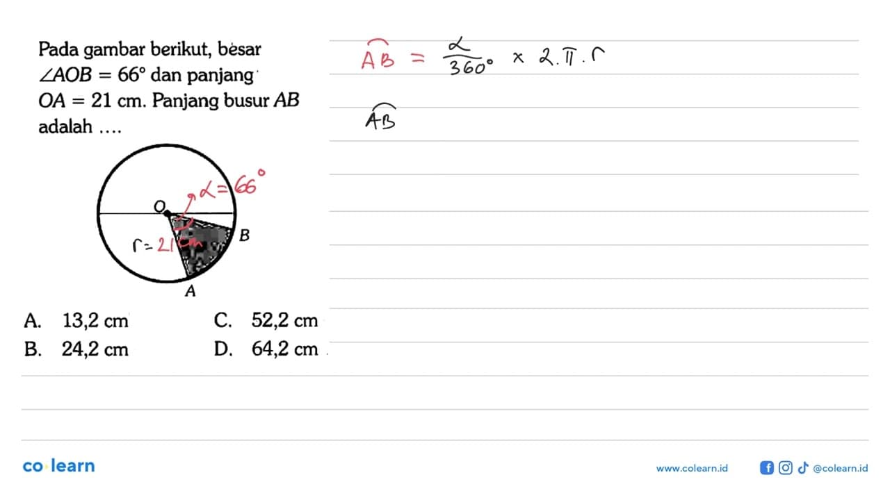 Pada gambar berikut, besar sudut AOB=66 dan panjang OA=21